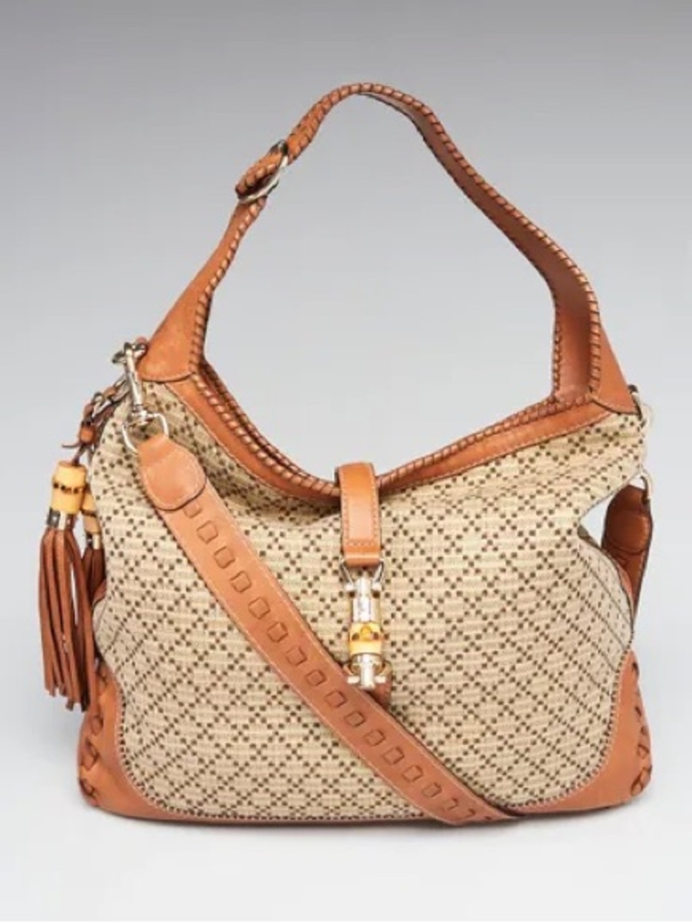 Gucci Cream and Tan Woven Shoulder Bag with Leather Trim
